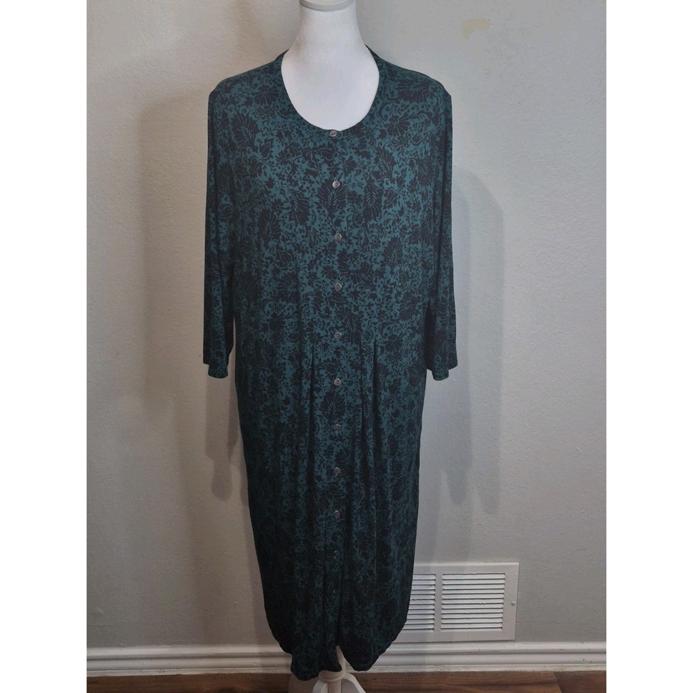 J Jill Green Deco Scroll Shirt Dress Size Large Pleated Button Front Stretch - Picture 2 of 8